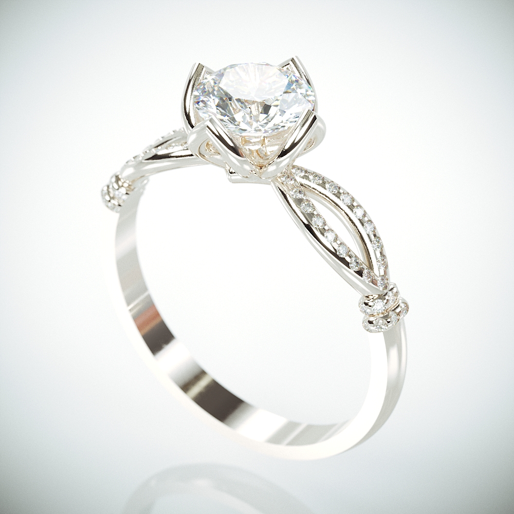 14K White Gold Moissanite and Diamonds Engagement Ring in Royalty style | Charles & Colvard Forever One Mossanite and Diamonds ring
