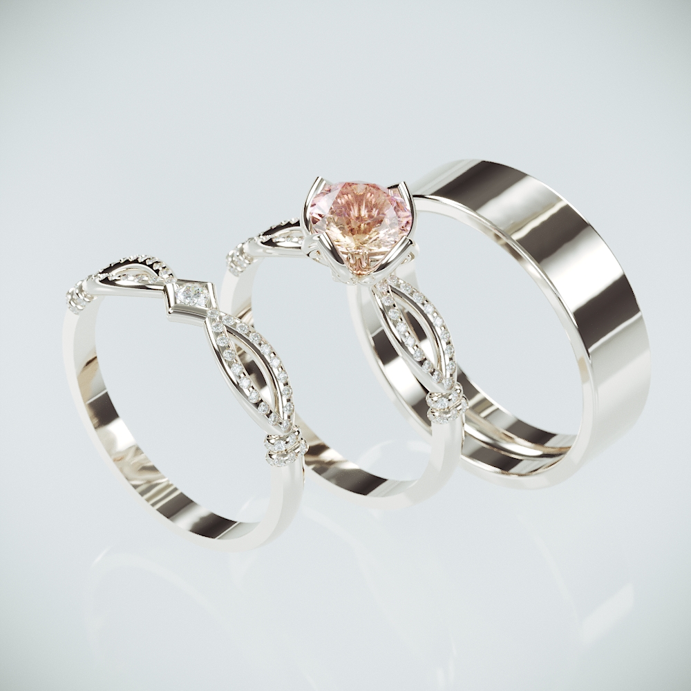 14K White Gold Wedding Rings in Royalty style set with Morganite & Diamonds | Morganite and diamonds and a matching Men ring